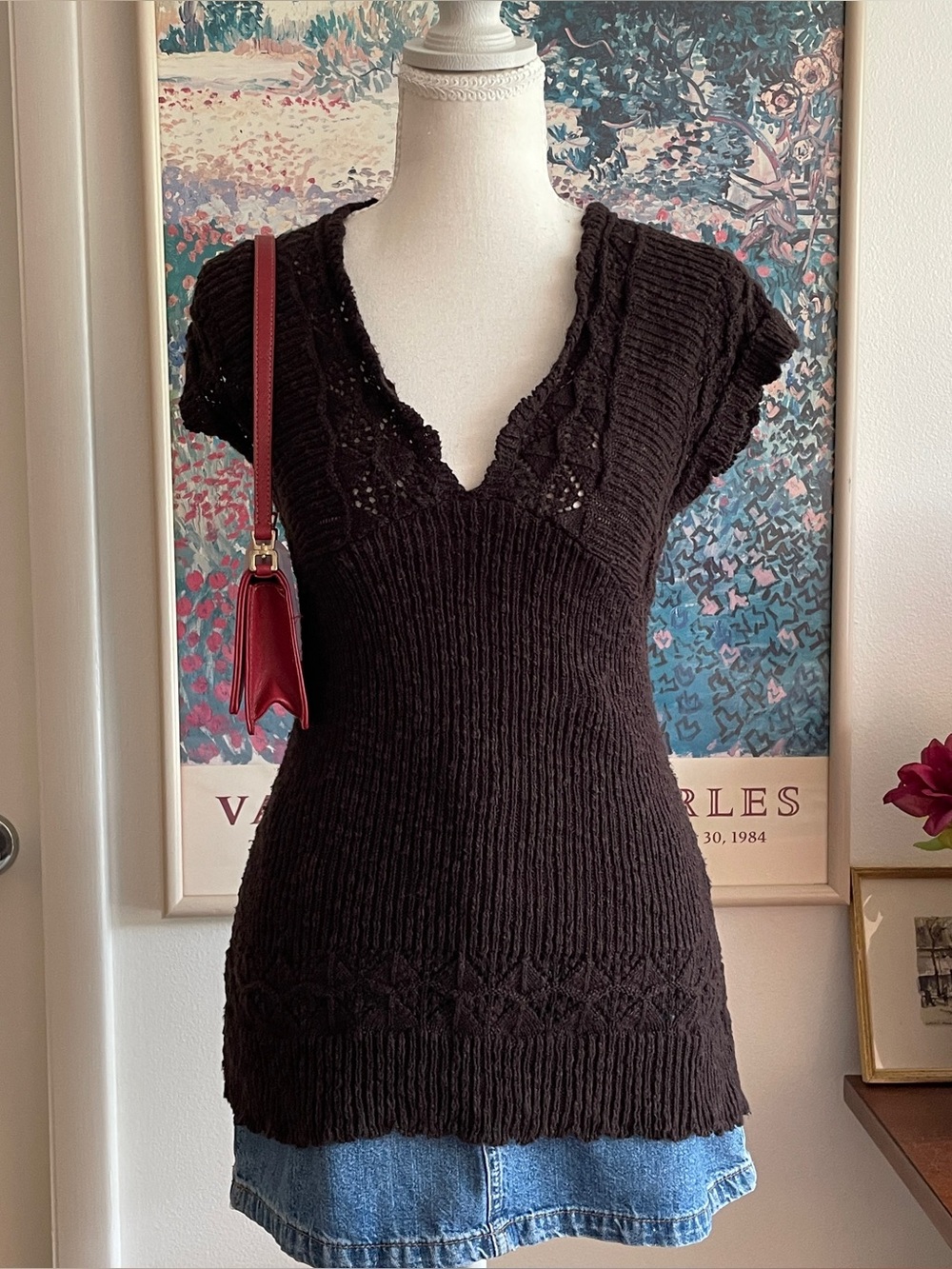 Axcess Sweater Top Womens Small Dark Brown Crochet Knit V-Neck Boho Indie Y2K